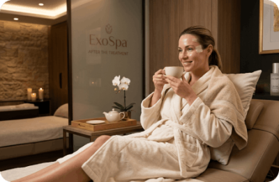 Smiling woman in a robe relaxing with tea after her treatment