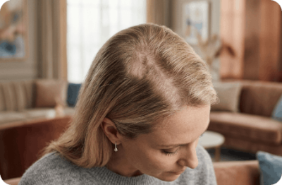 Woman looking down at her thinning hair part