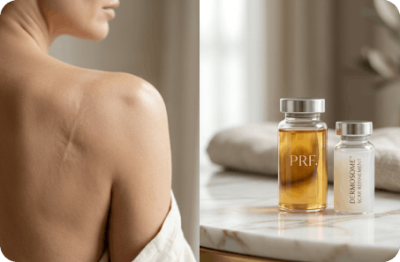 Scar on a woman’s back beside PRF and Dermosome™ vials for scar refinement