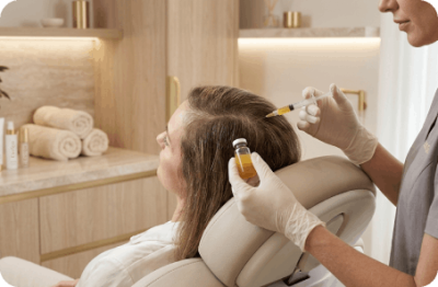 Practitioner applying PRF hair restoration treatment to a woman’s scalp