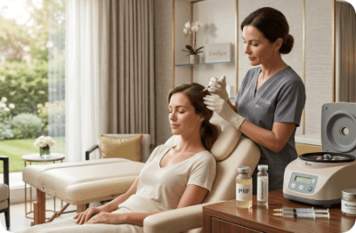 Woman receiving PRF + Hairosome™ hair renewal treatment in a clinic chair